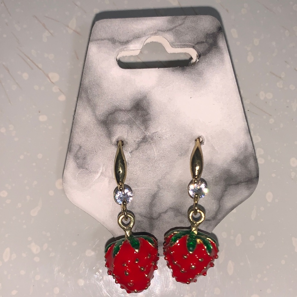 Gold-Tone Red Strawberry Drop Earrings - Unbranded